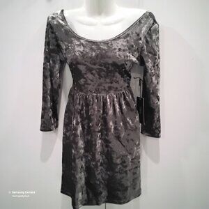 Rhapsody Woman Retro Gray Long Sleeve Crushed Velvet Skater Mini Dress Pt/S NWT